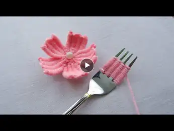 hand embroidery amazing trick#easy woolen flower embroidery trick with fork#wool flower